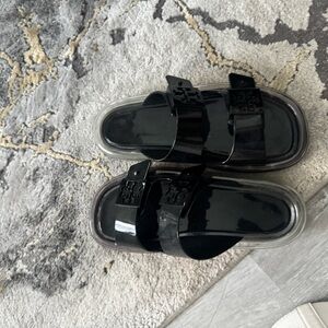 Tory Burch Black Patent Double-Buckle Slide Sandals